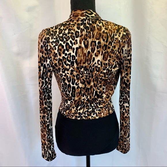 Codigo Brown leopard cheetah animal print longsleeve deep-V bodysuit size medium - Picture 5 of 13